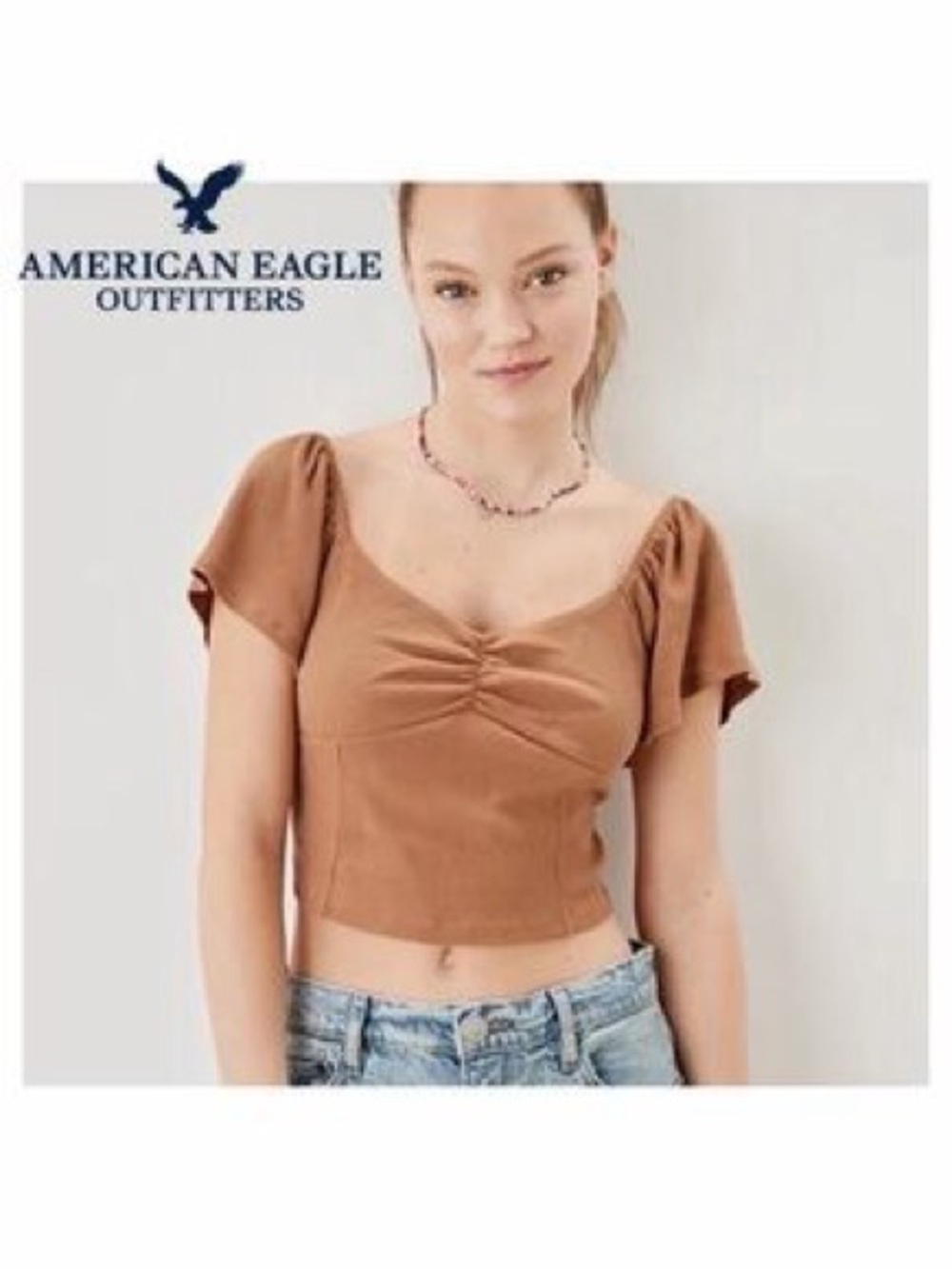 American Eagle Outfitters Rust Crop Top with Flutter Sleeves